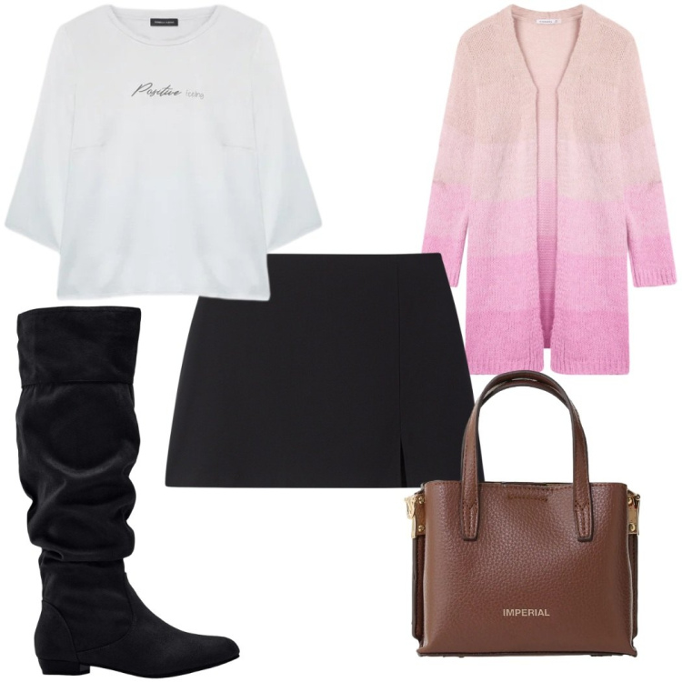 Outfit donna - Total look #2386121. Stile 70s per Tutti i giorni. Abbinamento con stivali, minigonne, cardigans, borse a tracolla, bluse.