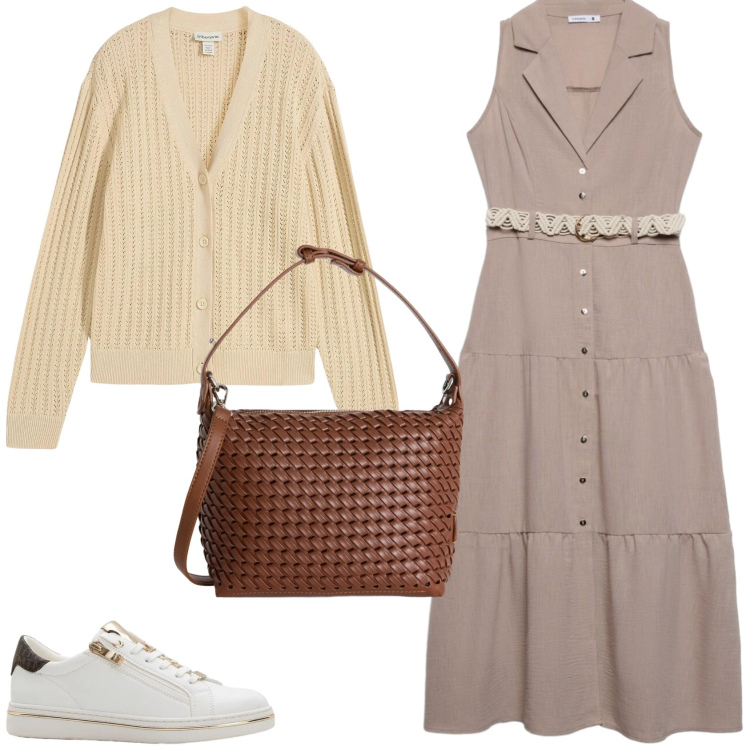 Outfit donna - L\'abito chemisier lungo. Stile Casual per Tutti i giorni. Abbinamento con cardigans, sneakers, vestiti chemisier, borse a spalla.