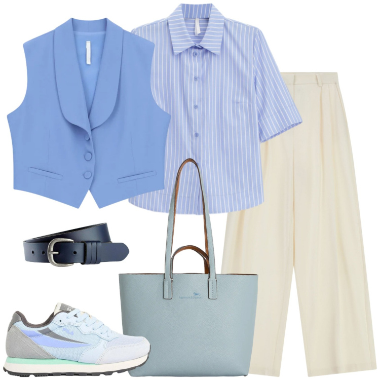 Outfit donna - Gilet e sneakers. Stile Mannish per Scuola/Università. Abbinamento con cinture, sneakers, gilet, camicie a manica corta, pantaloni a palazzo, shopping bag.