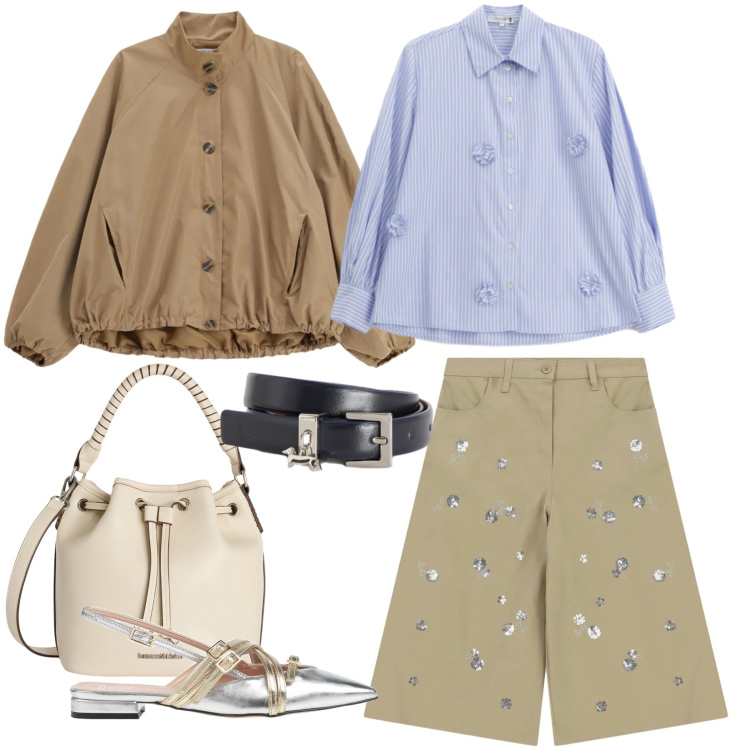 Outfit donna - Righe, Fiori e Riflessi Argento. Stile Casual chic per Tutti i giorni. Abbinamento con ballerine, bermuda, camicie, bomber, borse a secchiello, cinture.