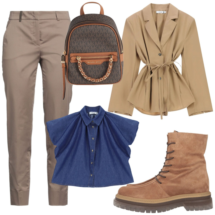 Outfit donna - Total look #2386126. Stile Casual chic per Tutti i giorni. Abbinamento con zaini, pantaloni, stivaletti, camicie a manica corta, blazer.