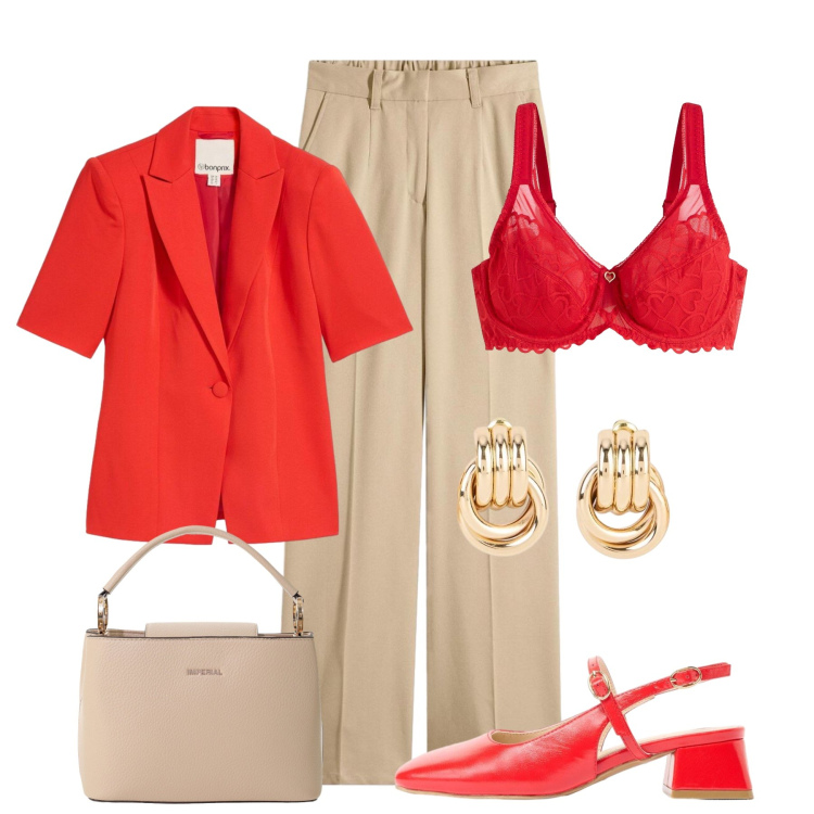 Outfit donna - Solo con il blazer. Stile Glamour per Tutti i giorni. Abbinamento con blazer, orecchini, décolleté, pantaloni, reggiseni, borse a secchiello.