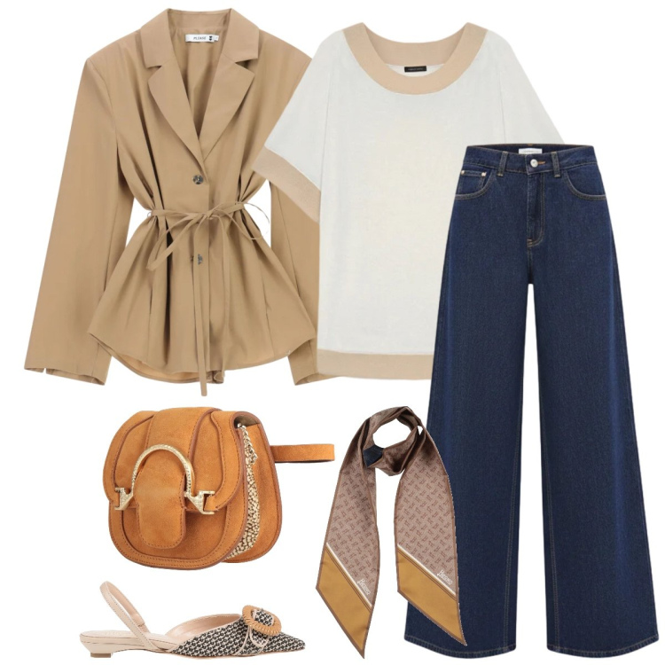Outfit donna - Jeans chic. Stile Casual chic per Tutti i giorni. Abbinamento con marsupi, sciarpe, ballerine, jeans, t-shirt, blazer.