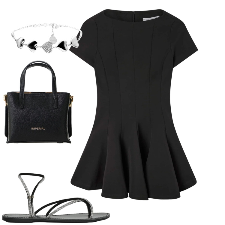 Outfit donna - Con le amiche. Stile Casual per Tutti i giorni. Abbinamento con vestiti corti, sandali, borse a tracolla, braccialetti.