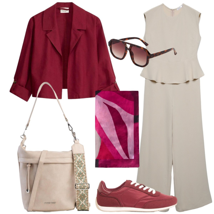 Outfit donna - Dinamica in tuta. Stile Sporty chic per Tutti i giorni. Abbinamento con blazer, occhiali da sole, borse a tracolla, sneakers, tute, foulard.