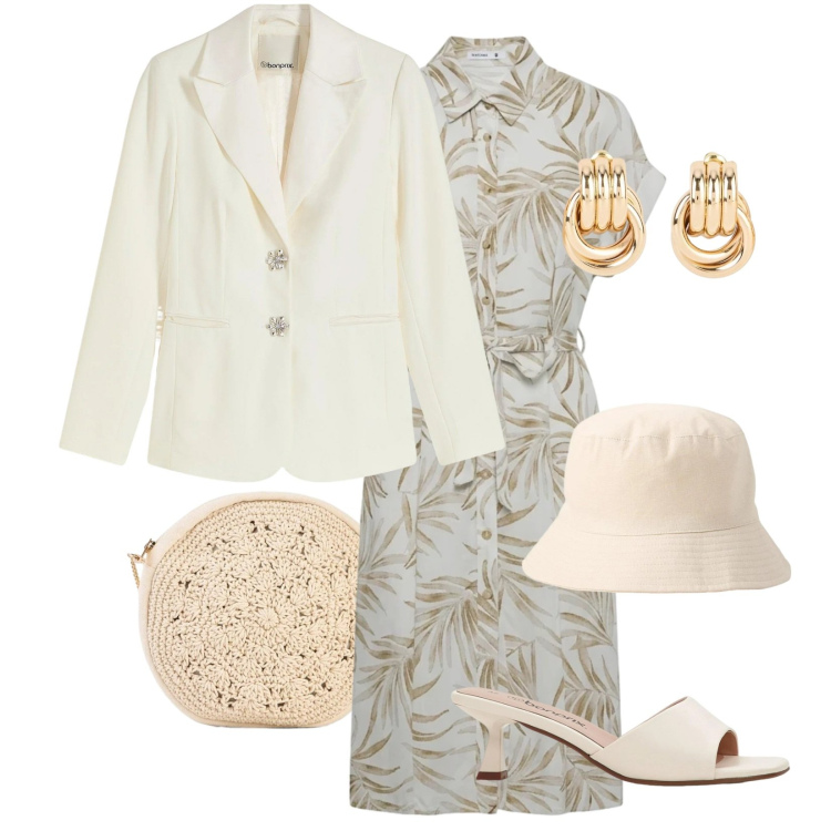 Outfit donna - Capri. Stile Chic per Tutti i giorni. Abbinamento con blazer, orecchini, borse a tracolla, ciabatte, cappelli, vestiti chemisier.