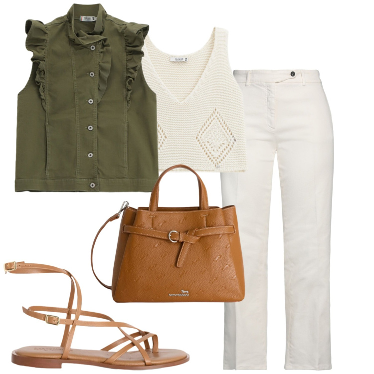 Outfit donna - Total look #2386139. Stile Casual chic per Tutti i giorni. Abbinamento con jeans dritti, top, gilet, borse a mano, sandali in pelle.
