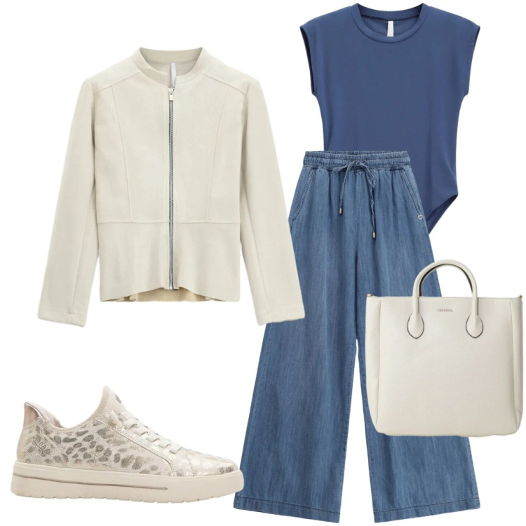 Outfit donna - Sporty chic primaverile. Stile Sporty chic per Tutti i giorni. Abbinamento con sneakers, blazer, t-shirt, borse a tracolla, jeans.
