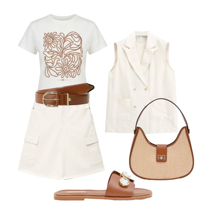 Outfit donna - Calda primavera in città. Stile Trendy per Tutti i giorni. Abbinamento con pantaloni corti, gilet, cinture, borse a spalla, t-shirt, sandali gioiello.