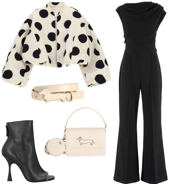Outfit donna - Serata in tuta. Stile Trendy per Serata fuori. Abbinamento con stivaletti, bomber, tute, cinture, borse a tracolla.