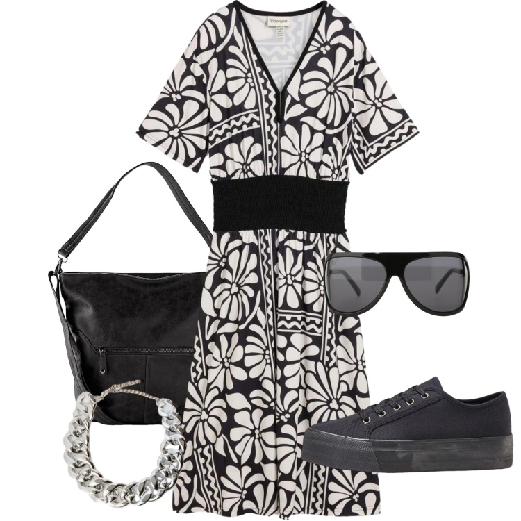 Outfit donna - Total look #2386146. Stile Sporty chic per Tutti i giorni. Abbinamento con vestiti midi/longuette, sneakers, borse a spalla, occhiali da sole, collane.