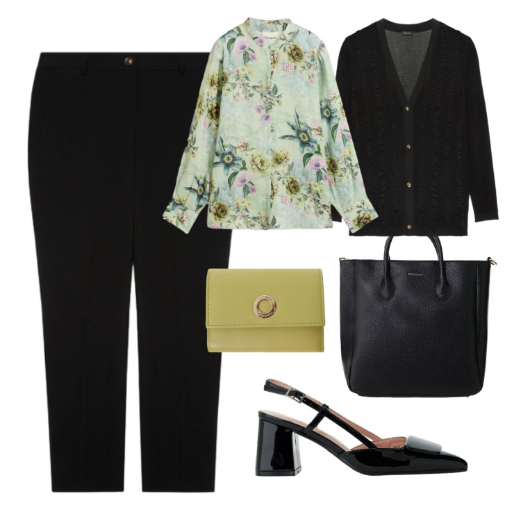 Outfit donna - Focus curvy. Stile Casual chic per Serata fuori. Abbinamento con bluse, décolleté, portafogli, borse a tracolla, pantaloni, cardigans.