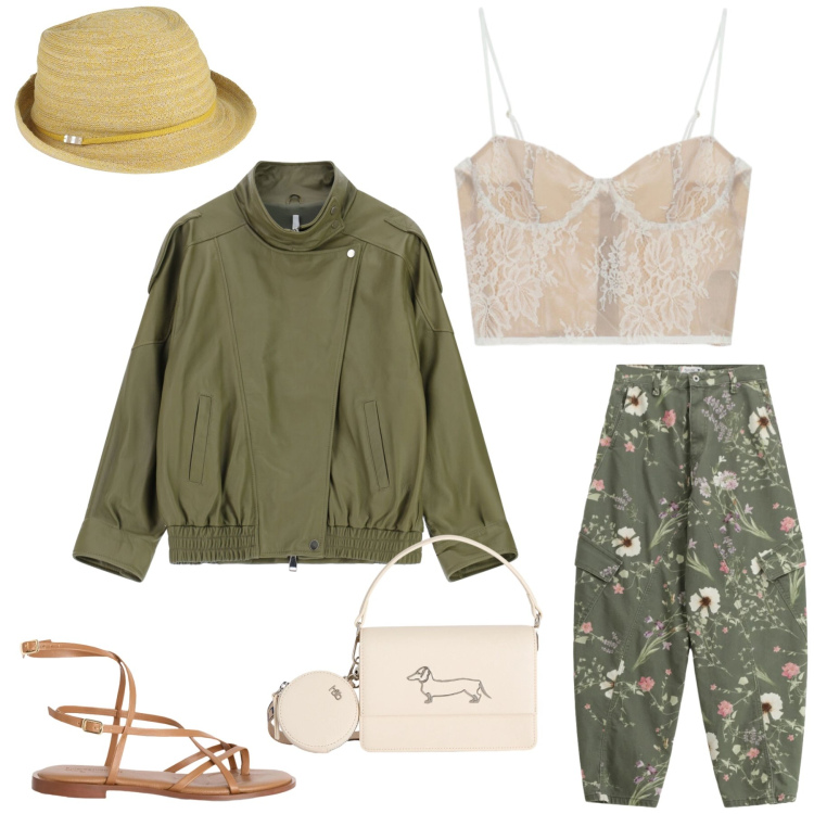 Outfit donna - Wild Flower. Stile Casual chic per Tutti i giorni. Abbinamento con cappelli, giacche, canottiere, pantaloni cargo, sandali in pelle, borse a tracolla.