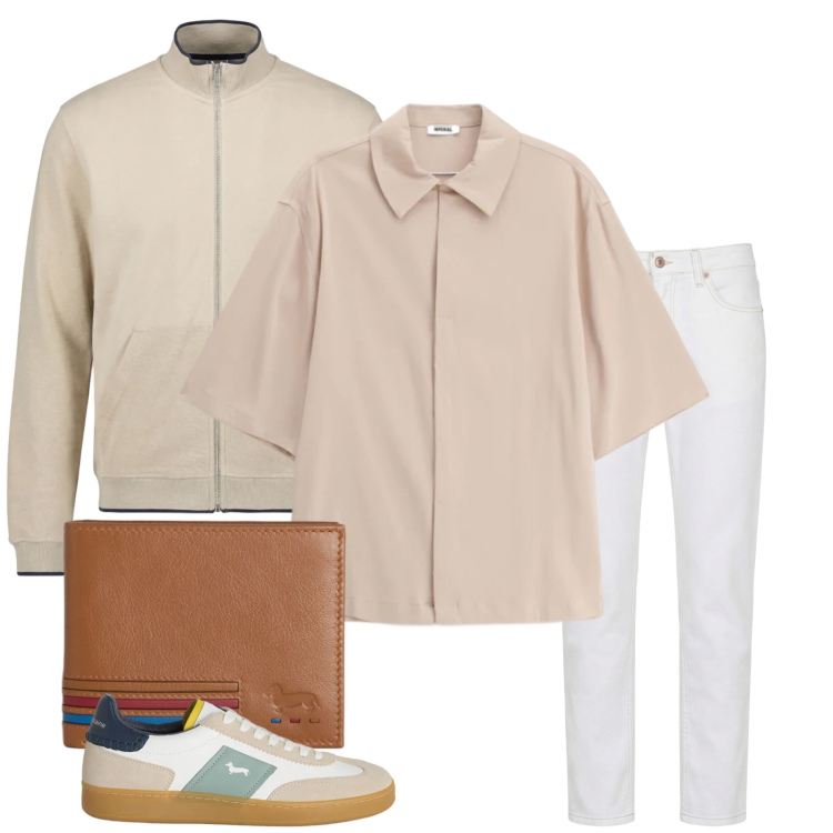 Outfit uomo - L\'Eleganza dei Toni Neutri. Stile Casual per Tutti i giorni. Abbinamento con camicie a manica corta, jeans, portafogli, felpe, sneakers.
