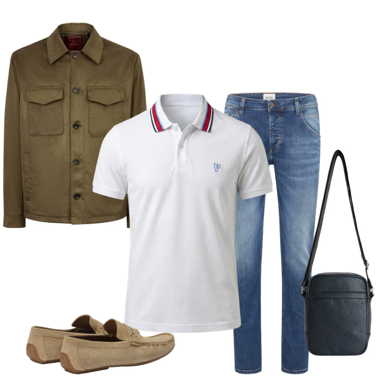 Outfit uomo - Casual Classico e Toni Safari. Stile Trendy per Tutti i giorni. Abbinamento con jeans dritti, borse sportive, scarpe stringate, polo, giacche.
