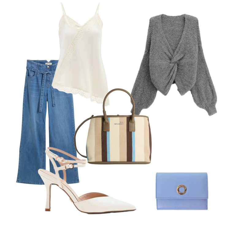 Outfit donna - Le linee del cielo. Stile Casual chic per Ufficio. Abbinamento con jeans, portafogli, décolleté, canottiere, cardigans, shopping bag.