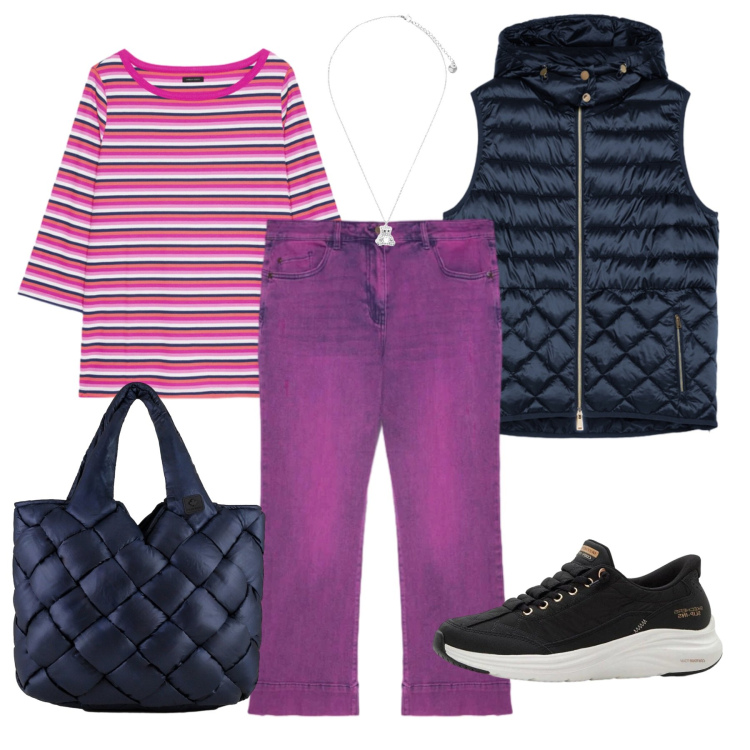 Outfit donna - Un weekend fuori porta. Stile Casual per Tutti i giorni. Abbinamento con sneakers, jeans, t-shirt, piumini, ciondoli, borse tote.