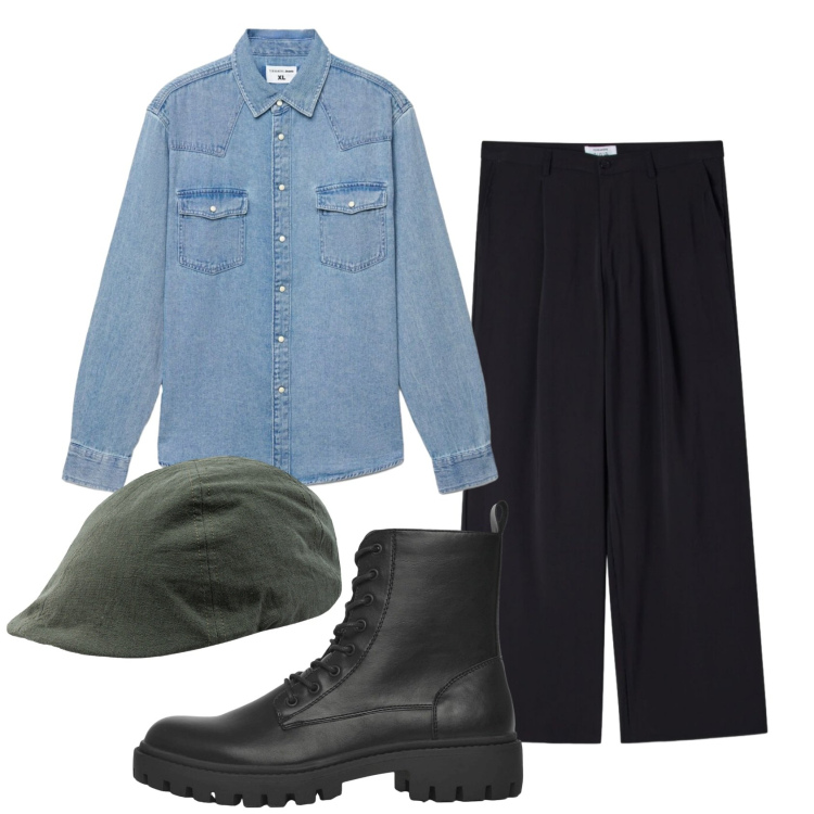 Outfit uomo - Total look #2386164. Stile Trendy per Tutti i giorni. Abbinamento con anfibi, camicie, pantaloni, cappelli con visiera.