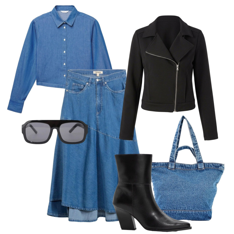 Outfit donna - A tutto denim. Stile Trendy per Tutti i giorni. Abbinamento con gonne longuette, stivaletti, shopping bag, camicie, giacche, occhiali da sole.