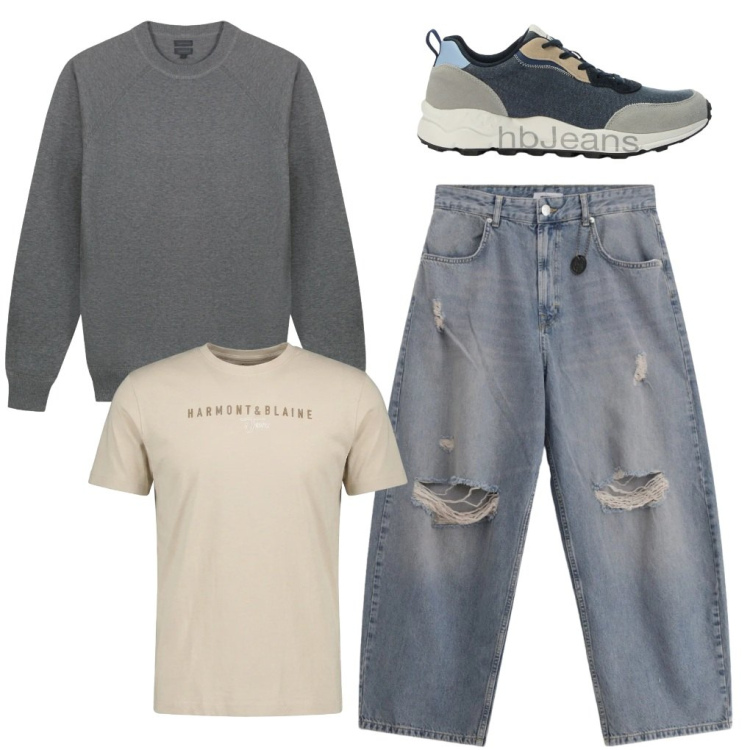 Outfit uomo - #di.corsa. Stile Urban per Tutti i giorni. Abbinamento con jeans strappati, sneakers, t-shirt, maglieria.