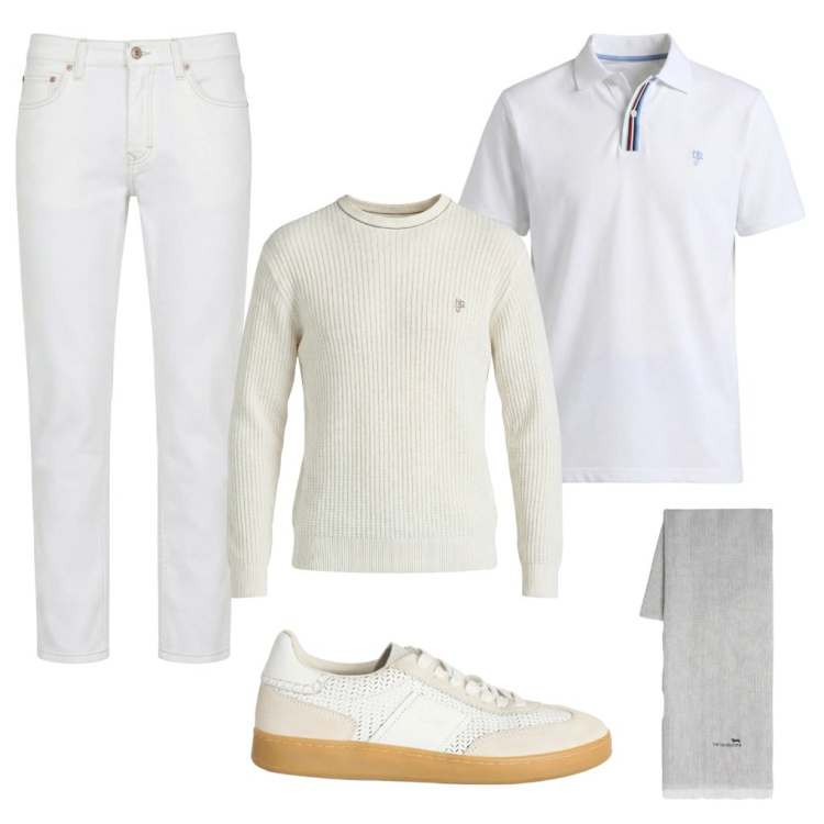 Outfit uomo - #total.white. Stile Urban per Tutti i giorni. Abbinamento con jeans, sneakers, sciarpe, maglieria, polo.