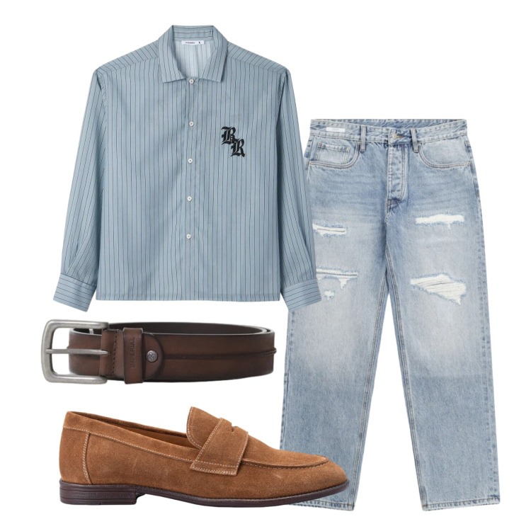 Outfit uomo - Total look #2386189. Stile Trendy per Tutti i giorni. Abbinamento con camicie, jeans strappati, cinture, scarpe stringate.