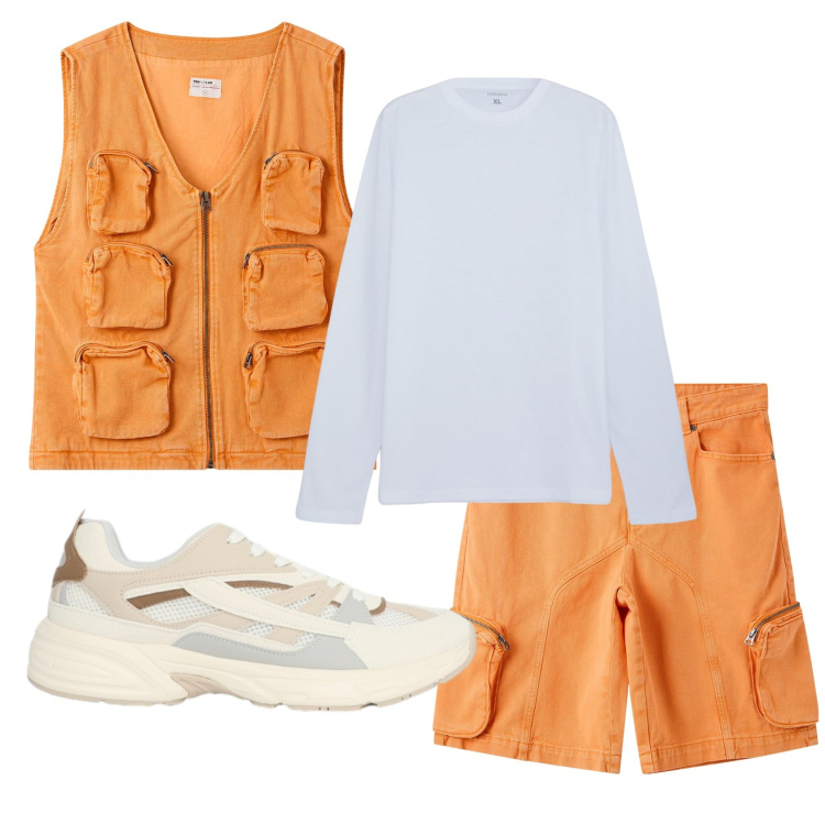 Outfit uomo - Total look #2386192. Stile Trendy per Tutti i giorni. Abbinamento con t-shirt, gilet, pantaloni corti, sneakers.