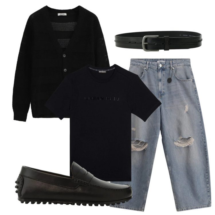 Outfit uomo - Total look #2386202. Stile Trendy per Tutti i giorni. Abbinamento con jeans strappati, cardigans, scarpe stringate, cinture, t-shirt.