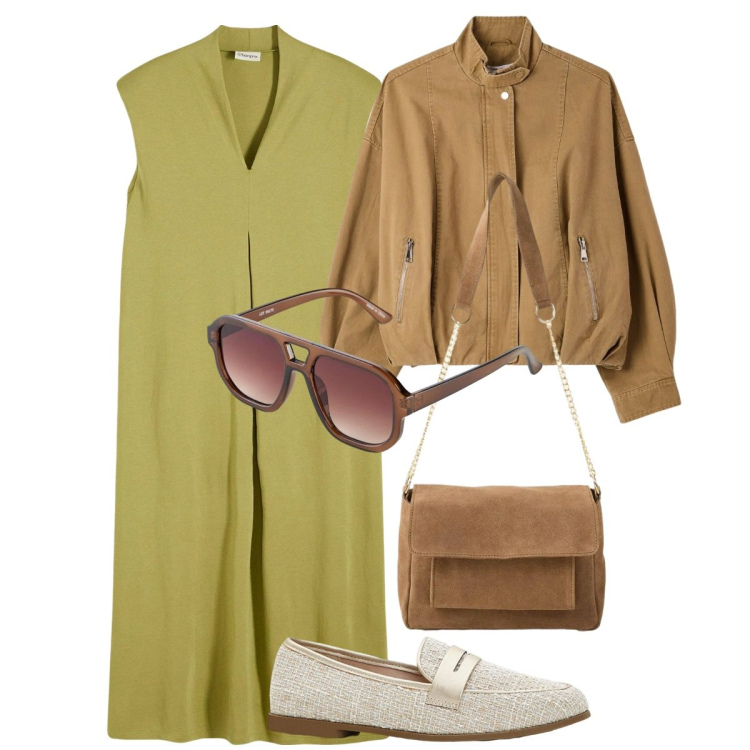 Outfit donna - Total look #2386208. Stile Casual per Tutti i giorni. Abbinamento con vestiti, mocassini, occhiali da sole, borse a tracolla, bomber.