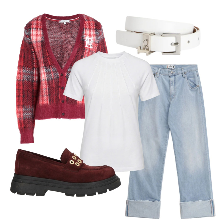 Outfit donna - Total look #2386209. Stile Preppy per Scuola/Università. Abbinamento con cardigans, mocassini, jeans dritti, cinture, t-shirt.