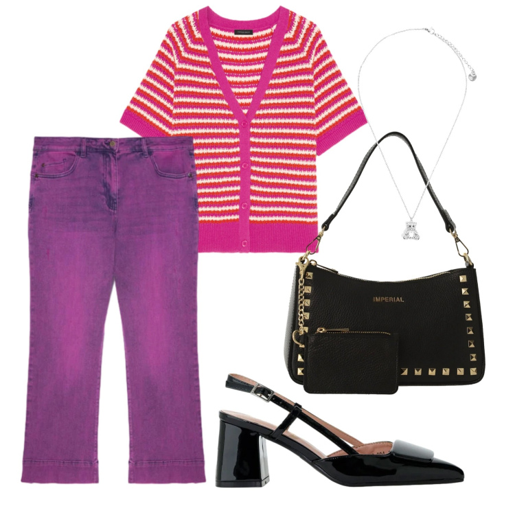 Outfit donna - Sporty-chic. Stile Casual chic per Ufficio. Abbinamento con cardigans, jeans, borse a spalla, décolleté, ciondoli.