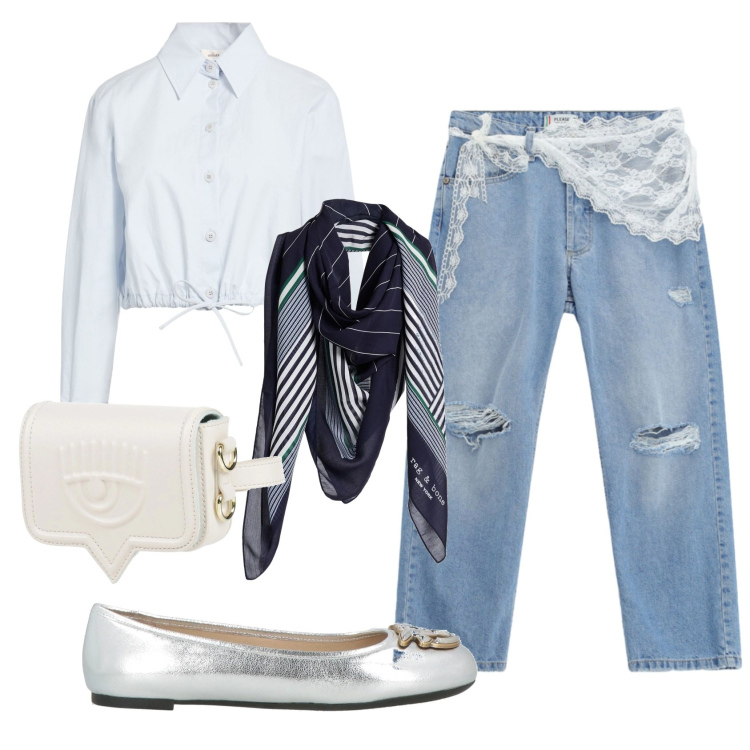 Outfit donna - Total look #2386214. Stile Casual chic per Tutti i giorni. Abbinamento con marsupi, ballerine, sciarpe, camicie, jeans strappati.