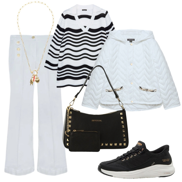 Outfit donna - Primavera sporty-chic. Stile Casual chic per Ufficio. Abbinamento con sneakers, piumini, jeans, maglieria, borse a spalla, ciondoli.
