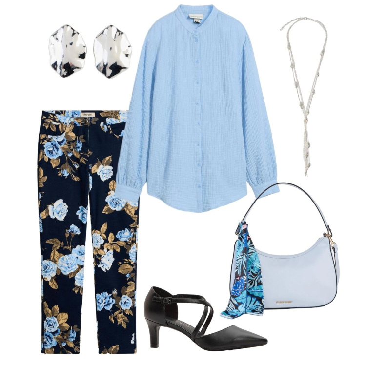 Outfit donna - Così. Abbinamento con décolleté, pantaloni, borse a mano, orecchini, camicie, collane.