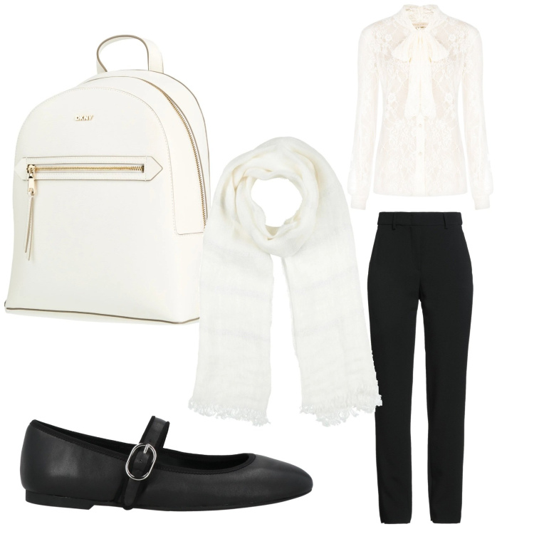 Outfit donna - Classico minimal. Stile Casual chic per Tutti i giorni. Abbinamento con ballerine, zaini, sciarpe, pantaloni, camicie.