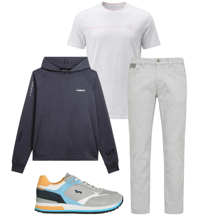 Outfit uomo - Total look #2386234. Stile Trendy per Tutti i giorni. Abbinamento con sneakers, pantaloni, t-shirt, felpe con cappuccio.