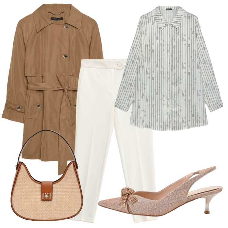 Outfit donna - Eleganza leggera. Stile Casual chic per Ufficio. Abbinamento con pantaloni, décolleté, borse a spalla, camicie, trench.