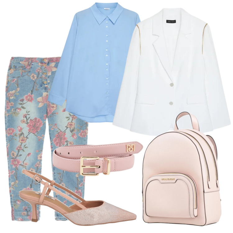 Outfit donna - Comfort e raffinatezza. Stile Casual chic per Ufficio. Abbinamento con décolleté, zaini, jeans, cinture, camicie, blazer.