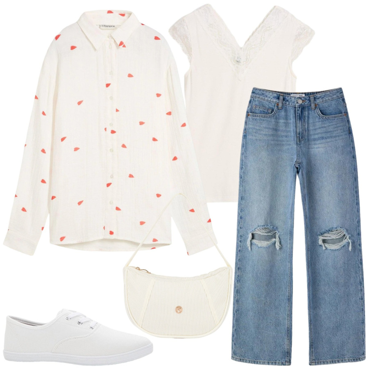Outfit donna - Easy Chic Primaverile. Stile Casual per Tutti i giorni. Abbinamento con canottiere, sneakers, camicie, jeans strappati, collane, borse a mano.