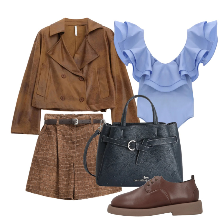 Outfit donna - Aprile. Stile Trendy per Tutti i giorni. Abbinamento con scarpe stringate, giacche, top, bermuda, borse a mano.