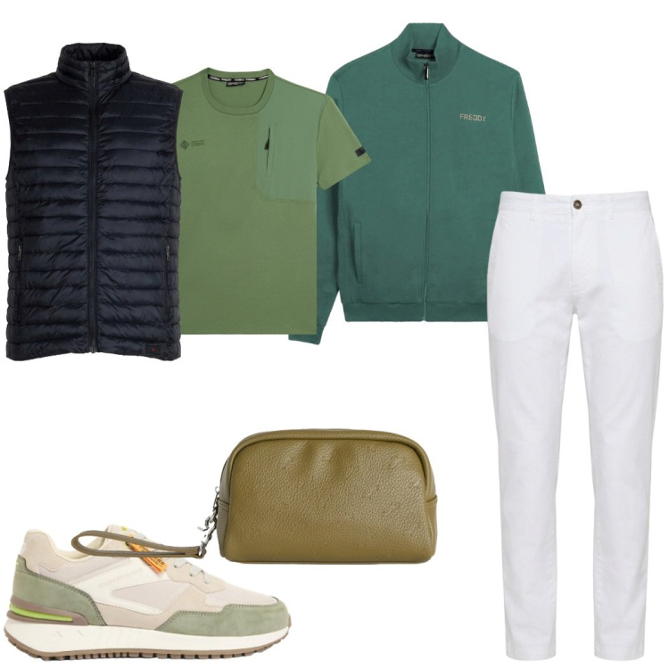Outfit uomo - Layering leggero : lo smanicato. Stile Trendy per Tutti i giorni. Abbinamento con sneakers, borse sportive, pantaloni, piumini, felpe, t-shirt.
