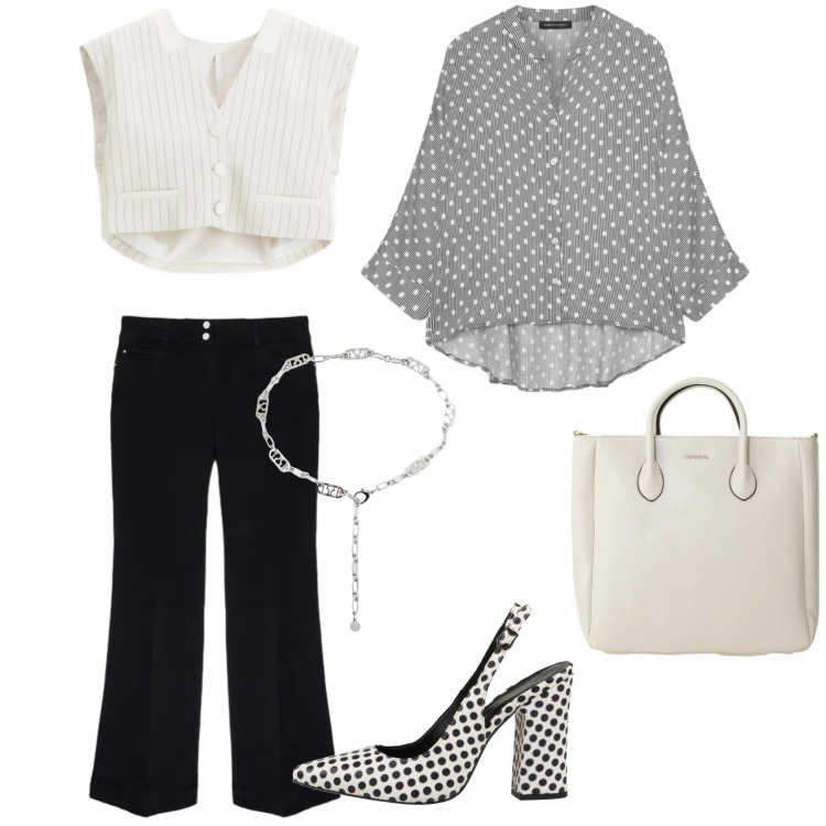 Outfit donna - Bianco candor. Stile Casual chic per Tutti i giorni. Abbinamento con décolleté, gilet, borse a tracolla, camicie, jeans, cinture.