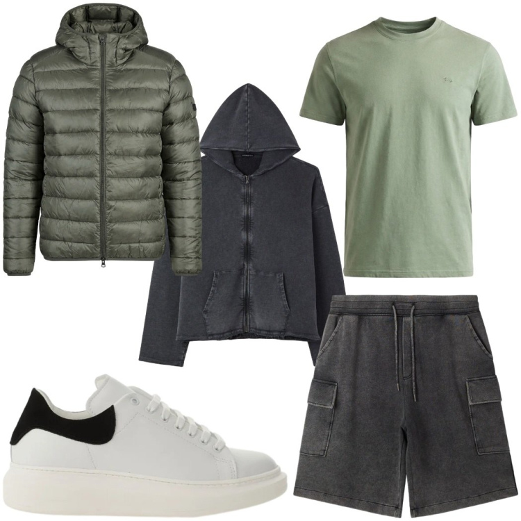 Outfit uomo - Layering leggero con la felpa. Stile Trendy per Tutti i giorni. Abbinamento con bermuda, felpe con cappuccio, sneakers, t-shirt, giacche.