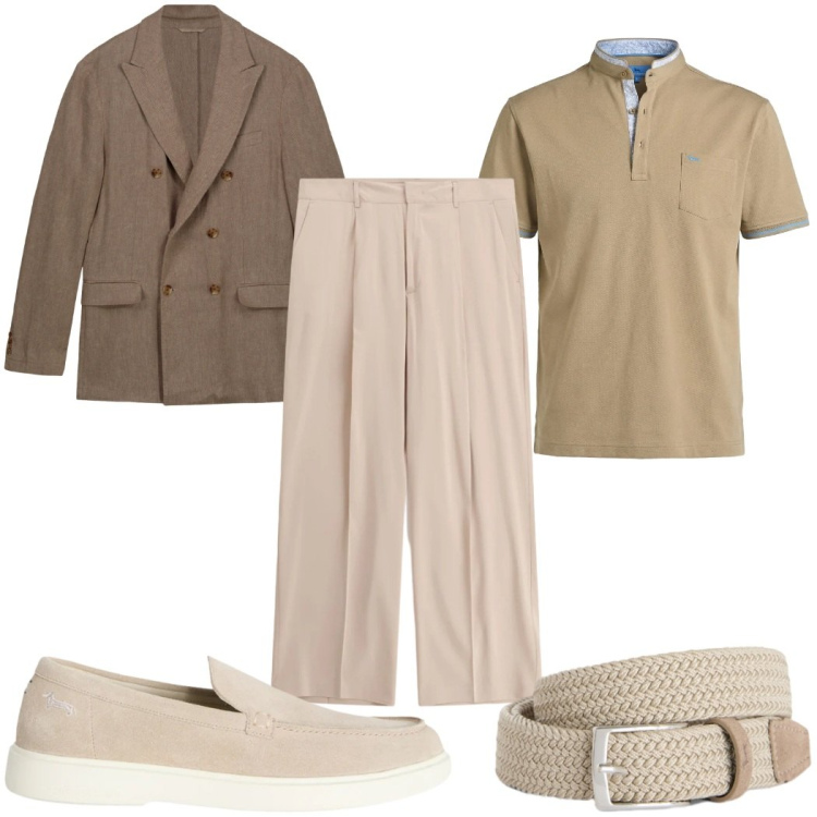 Outfit uomo - Toni naturali : sabbia. Stile Casual per Ufficio. Abbinamento con pantaloni, cinture, scarpe stringate, polo, giacche.