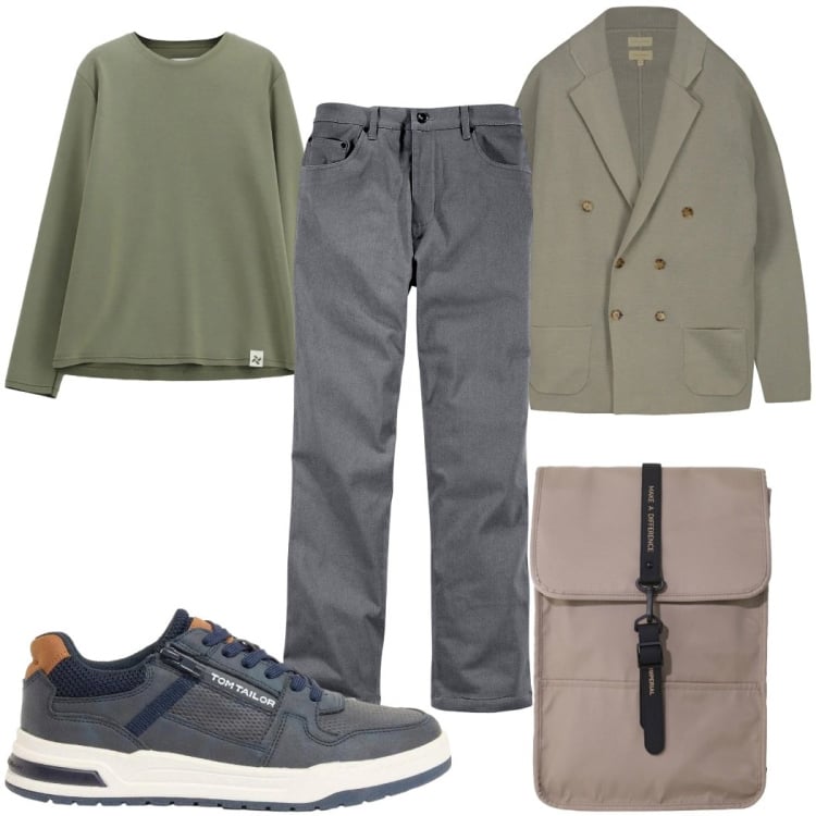 Outfit uomo - Toni naturali : grigio e salvia. Stile Casual per Tutti i giorni. Abbinamento con pantaloni, sneakers, felpe, borse sportive, cardigans.