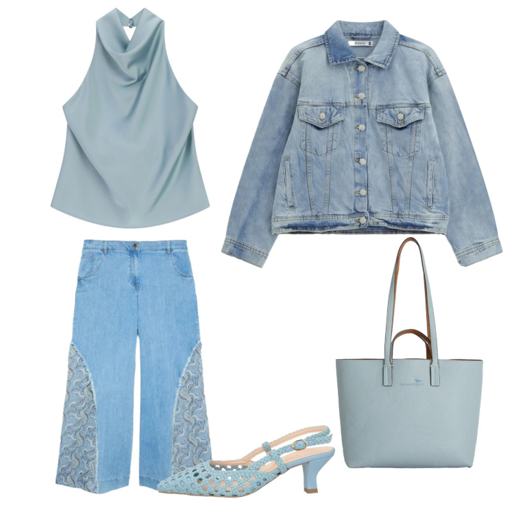 Outfit donna - Carta da zucchero. Stile Casual per Tutti i giorni. Abbinamento con décolleté, top, pantaloni, blazer, shopping bag.
