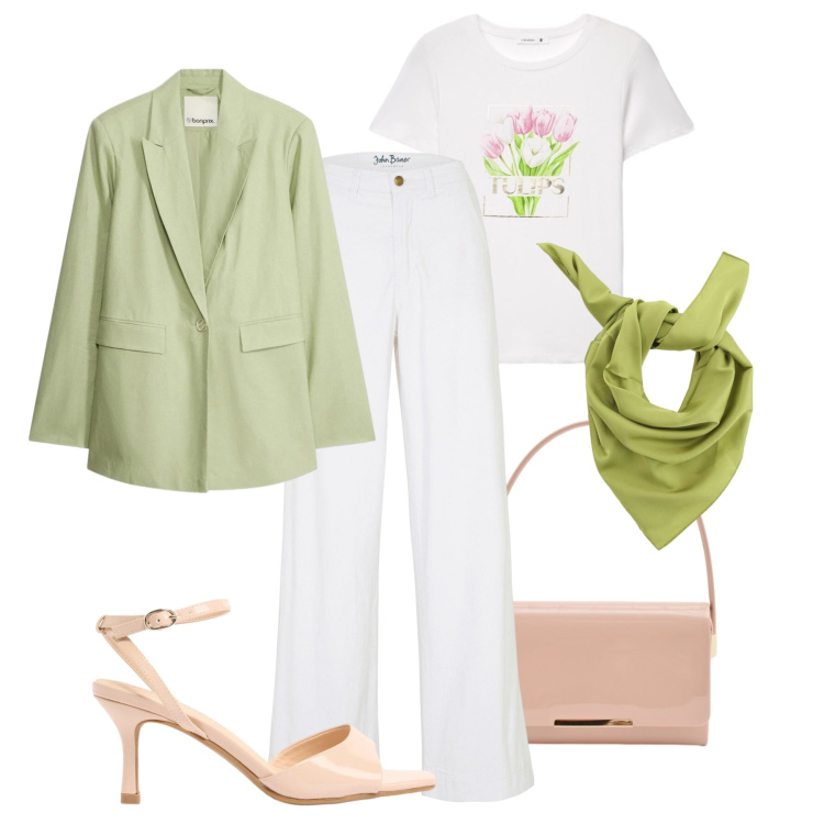 Outfit donna - Pastello in città. Stile Trendy per Tutti i giorni. Abbinamento con jeans, sandali col tacco, blazer, t-shirt, pochette, foulard.