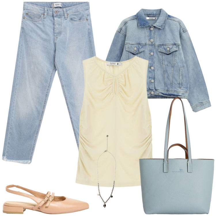 Outfit donna - Freschezza Primaverile. Stile Casual chic per Tutti i giorni. Abbinamento con ballerine, top, blazer, jeans, shopping bag, ciondoli.
