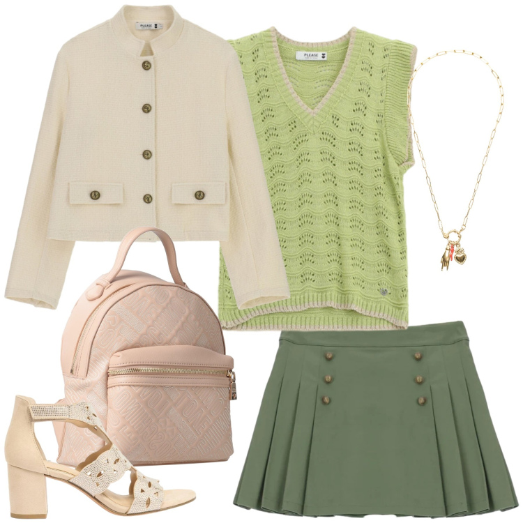 Outfit donna - Chic in Verde e Crema. Stile Casual chic per Tutti i giorni. Abbinamento con zaini, sandali col tacco, cappotti, minigonne, top, ciondoli.