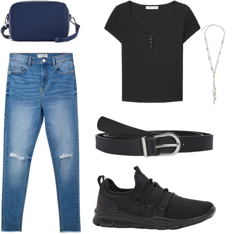 Outfit donna - Everyday. Stile Minimal Abbinamento con sneakers, borse a tracolla, jeans strappati, t-shirt, cinture, collane.